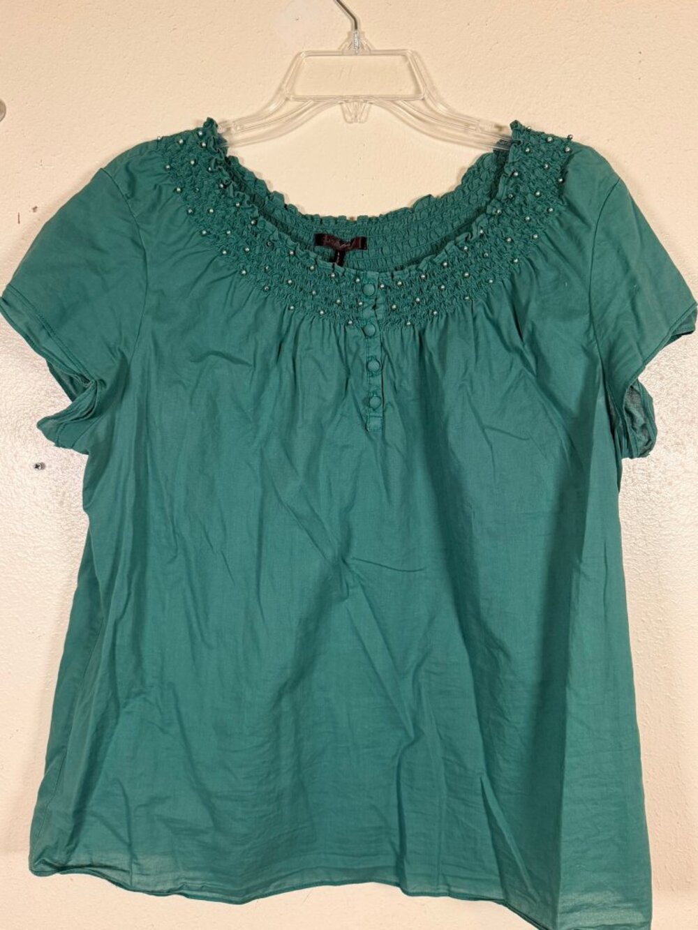 Daisy Fuentes Large Green Embellished Peasant Blouse Short Sleeve Top